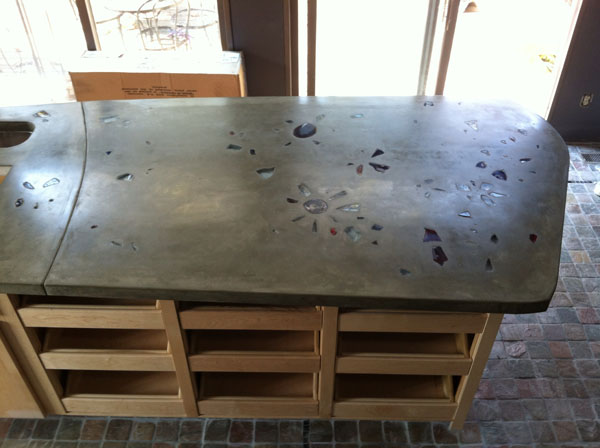 Indoor Concrete Countertop with Recycled Glass Inlay with Fiberoptic Lighting